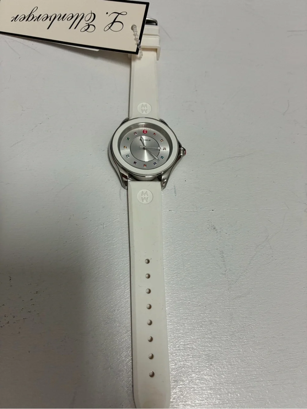 Michele White Silicone Strap Watch with Multicolor Topaz Markers